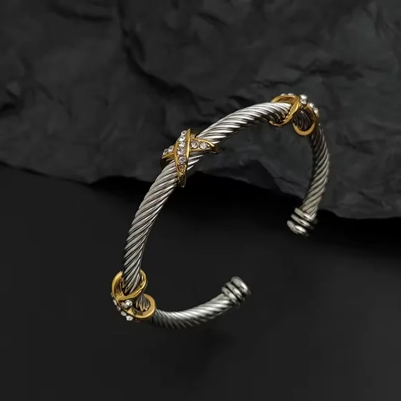 Two-Tone Silver and Gold Twisted Cable Cuff with Crystal Knots - Picture 4 of 6